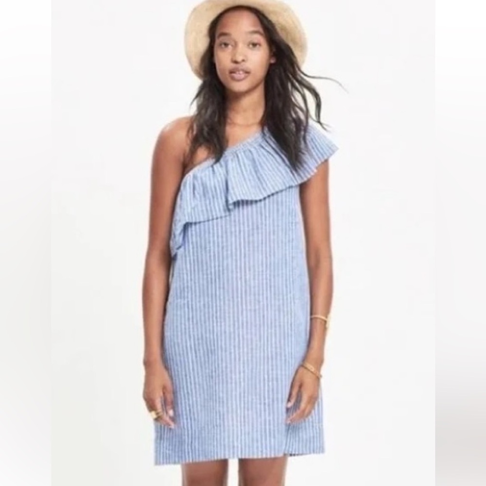Madewell One-Shoulder Blue White stripe Linen Blend dress sz XS EUC